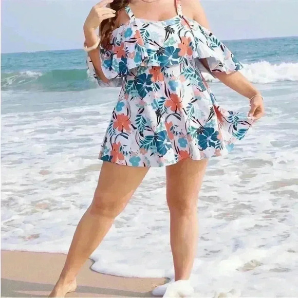 NWT!Tropical adjustable strap cold shoulder ruffle swim dress size 12 or Large - Picture 4 of 7